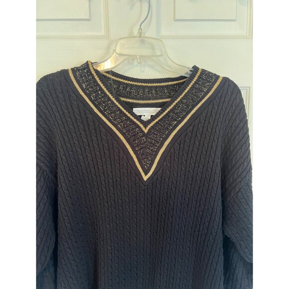 Vintage 90's Preston & York Black And Gold Long Sleeve Knit V-Neck Sweater Med - Picture 2 of 9